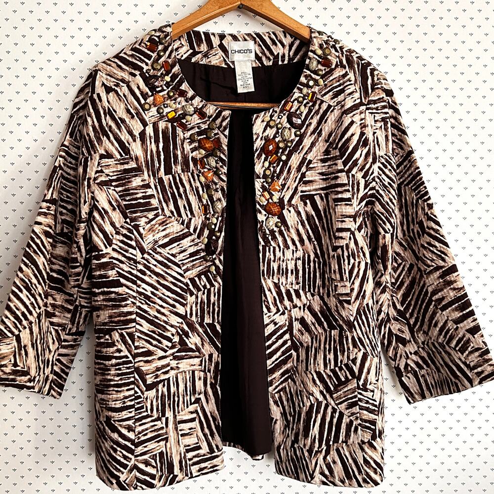 Chicos Beaded Dinner Jacket L 1 Brown Tan Resort Cruise Cocktail Holiday Glam